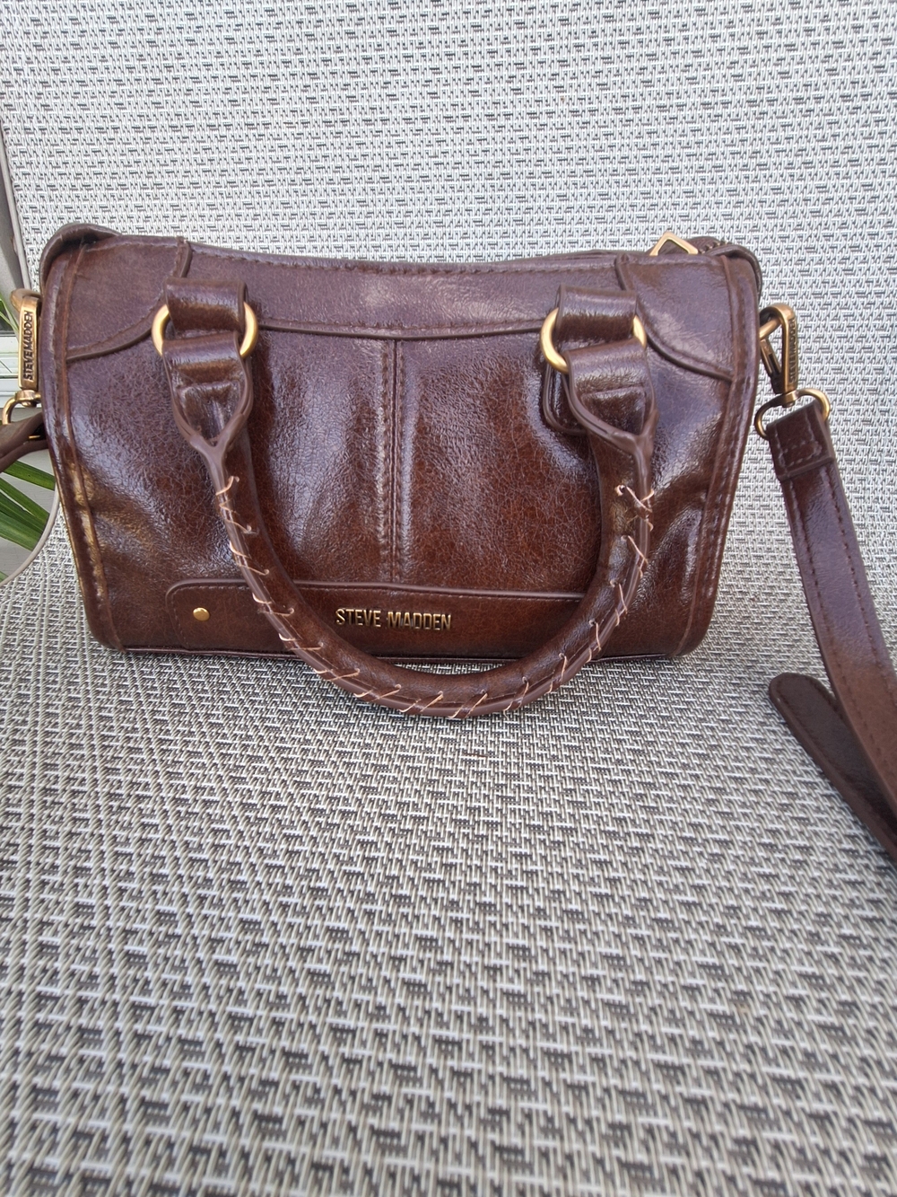 Steve Madden Brown Leather Crossbody Satchel with Gold-Tone Accents